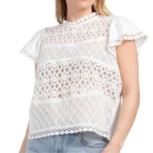 Jennifer & Grace White Eyelet Crochet Lace Mesh Flutter Sleeve Blouse Medium